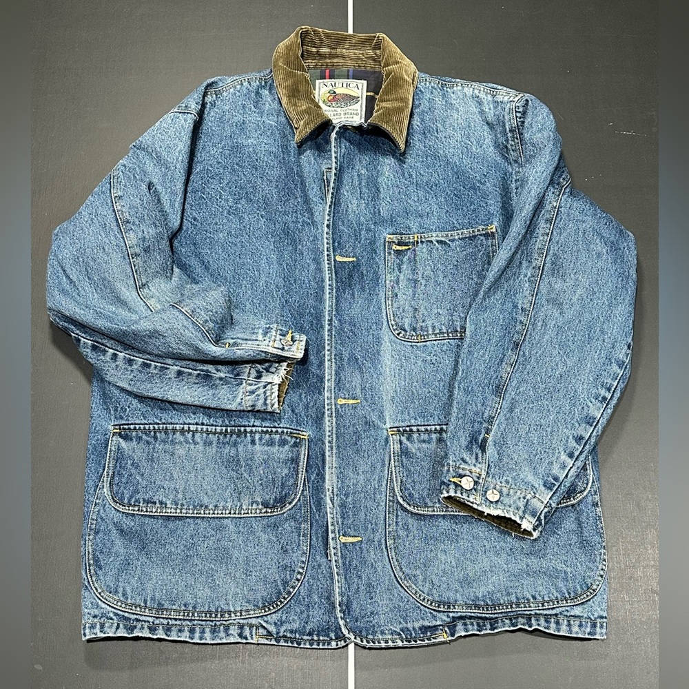 Nautica Vintage Blue Denim Work Jacket with Contrast Corduroy Collar Plaid Duck